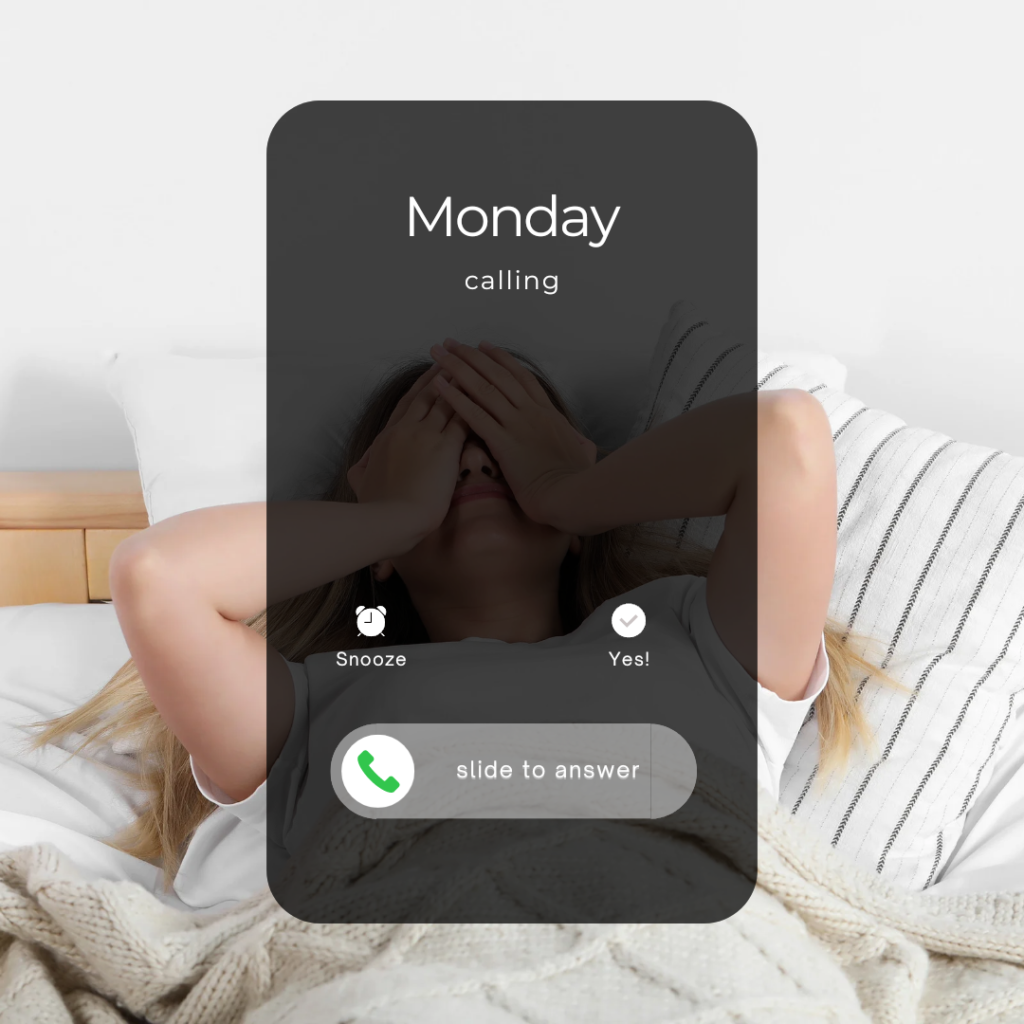 A woman in bed with her hands over her face and a graphic of "Monday Calling" for Jen Hadden's portfolio
