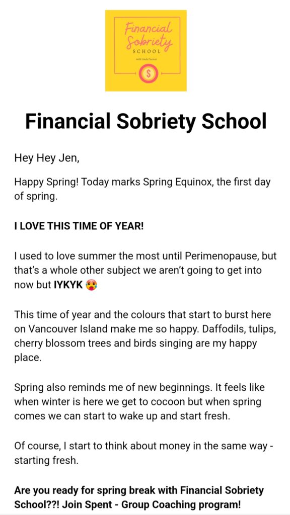 Screenshot from a newsletter I sent out for the Financial Sobriety School for my portfolio
