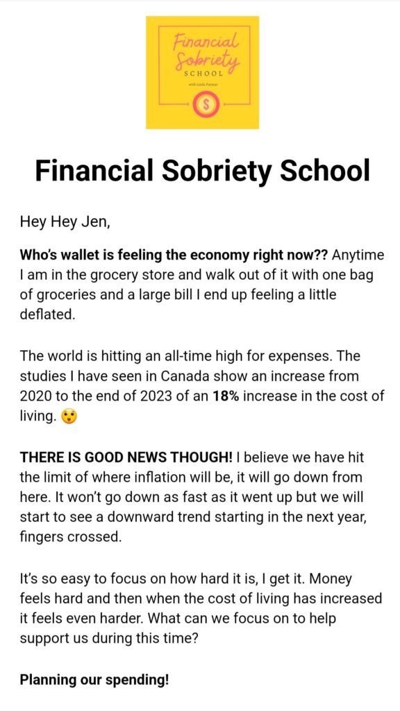 Screenshot from podcast newsletter I sent out for the Financial Sobriety School for my portfolio