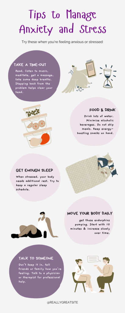 An infographic showing tips to manage anxiety and stress 