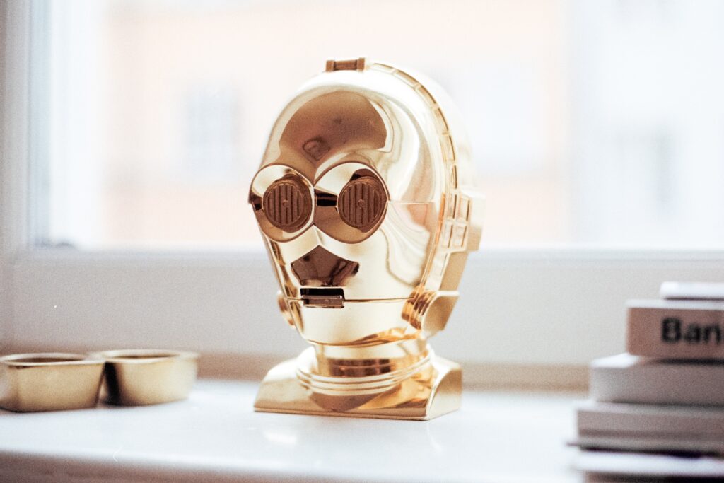 A bust of C3PO from Star Wars on a desk - inspiring virtual assistants everywhere.